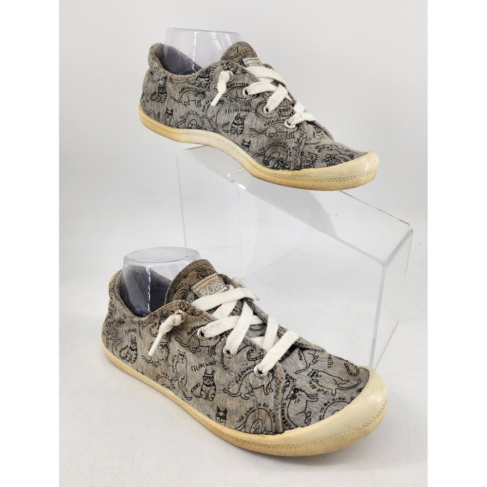 Skechers BOBS Beach Bingo Shoes Womens 8 Gray Cat Print Slip On Sneakers 33425